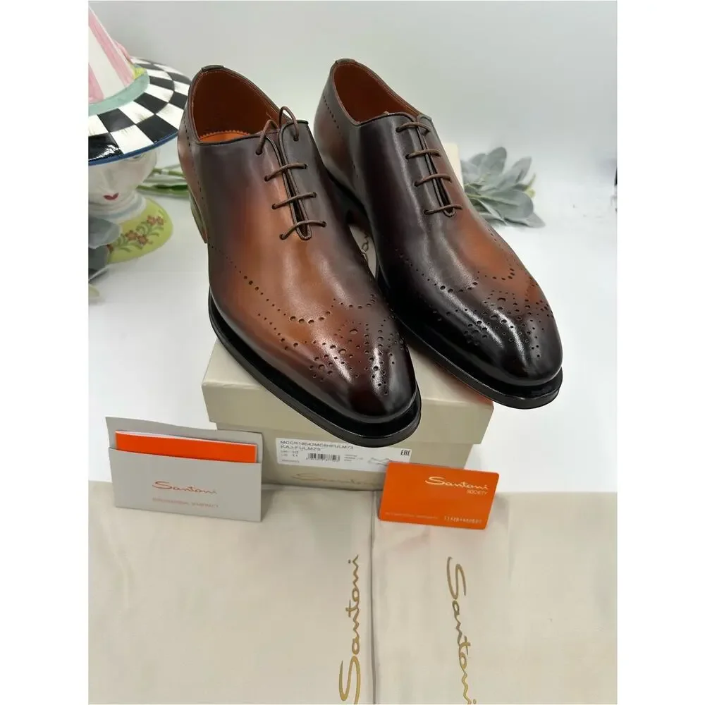 Men's Santoni gradient Brown Burnished Leather Oxford Dress Shoes size 11 US